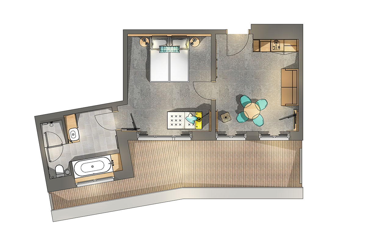 Ein Grundriss der arborea Junior Suite im arborea Marina Resort Neustadt.