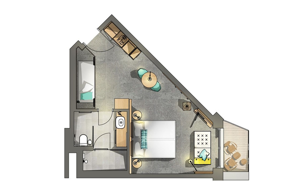 Ein Grundriss des Viererzimmers Auszeit im arborea Marina Resort Neustadt.