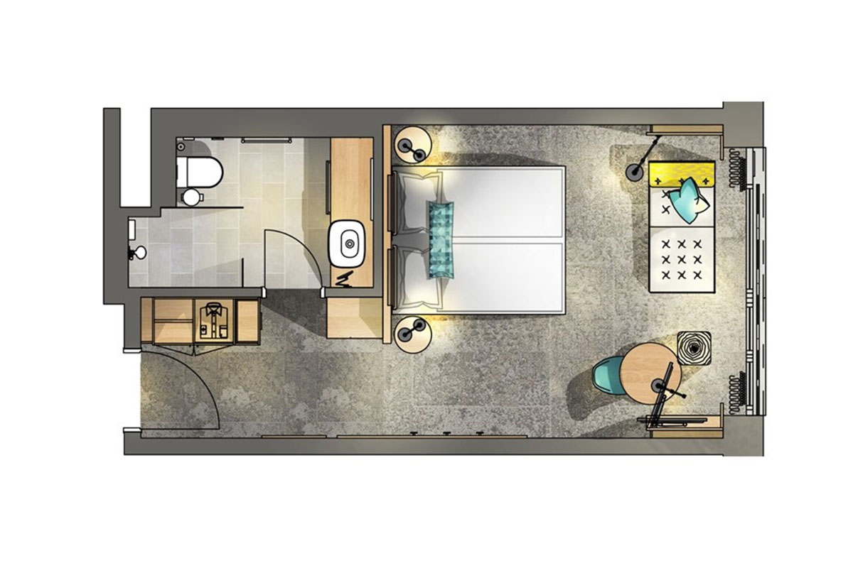 Ein Grundriss des Doppelzimmers Landblick im arborea Marina Resort Neustadt.